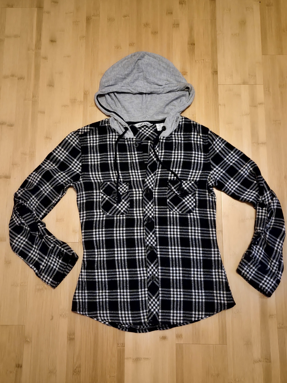 ​Derek Heart Black White Plaid Hooded Flannel Shirt Small S Roll Tab Sleeve